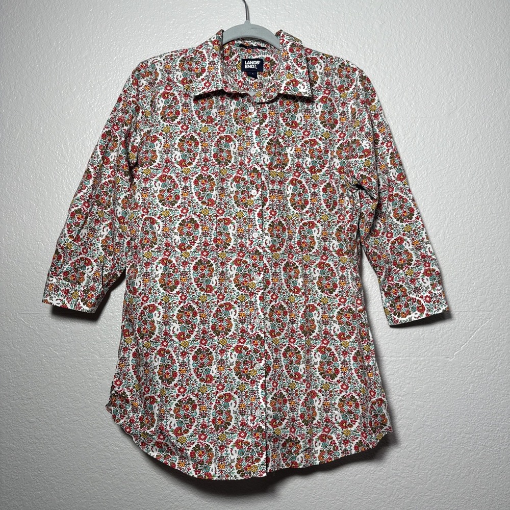 Lands End No Iron Shirt Women's 12 Paisley Cotton 3/4 Sleeve Button Up Top